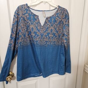 Elegant Blue Patterned Long Sleeve Top